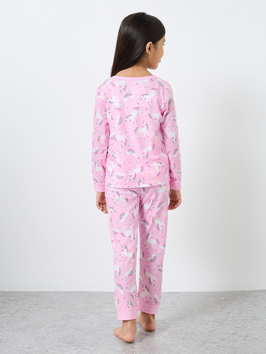 Light Pink Unicorn Printed Long Sleeve Top and Pyjama Set