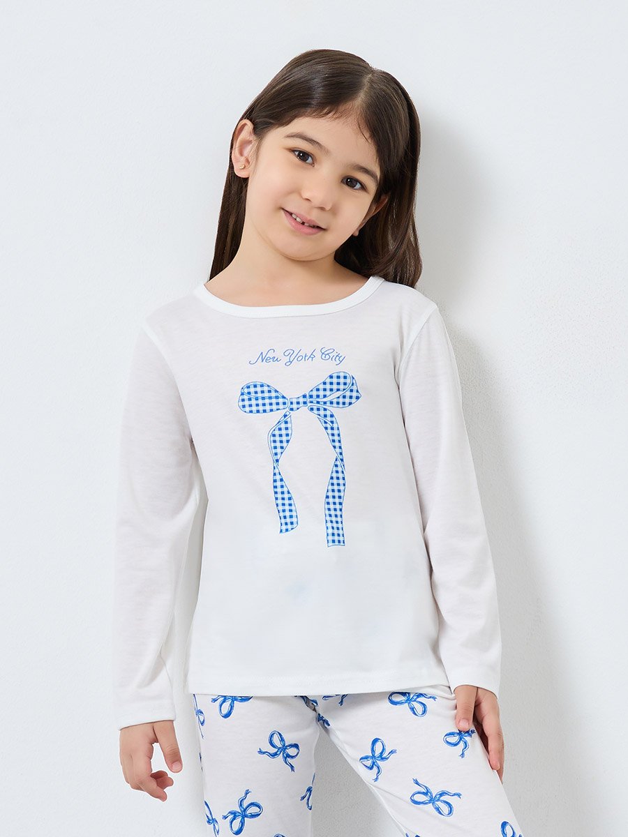 Off White Bow Print Long Sleeve Top and Pyjama Set