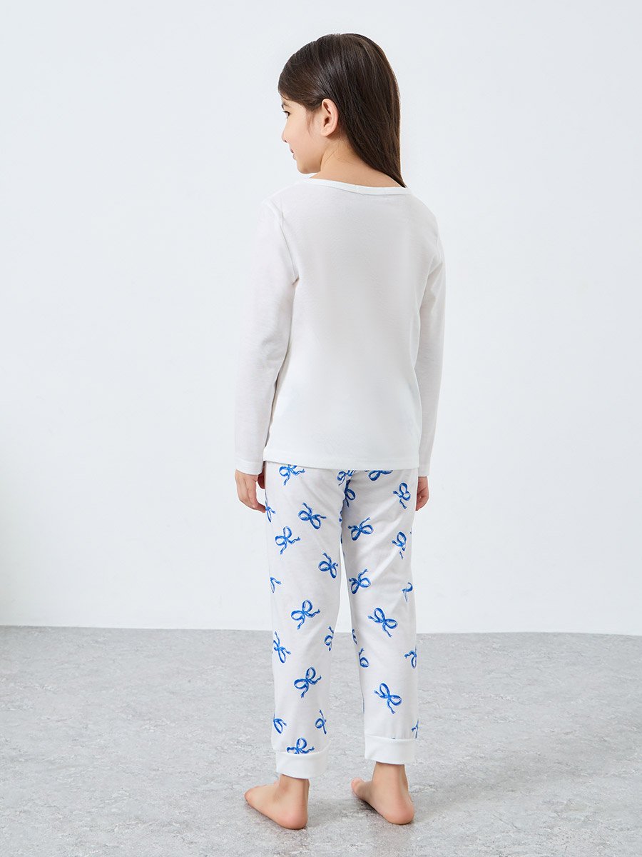 Off White Bow Print Long Sleeve Top and Pyjama Set