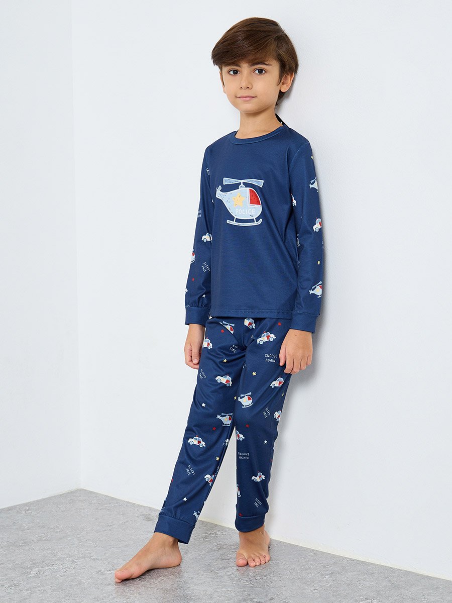 Navy Blue Printed Long Sleeve T-Shirt and Pyjama Set