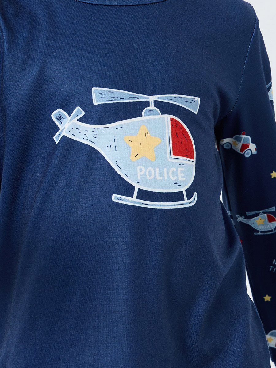 Navy Blue Printed Long Sleeve T-Shirt and Pyjama Set