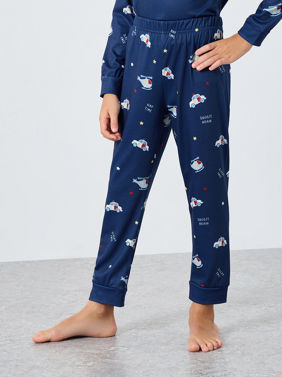 Navy Blue Printed Long Sleeve T-Shirt and Pyjama Set