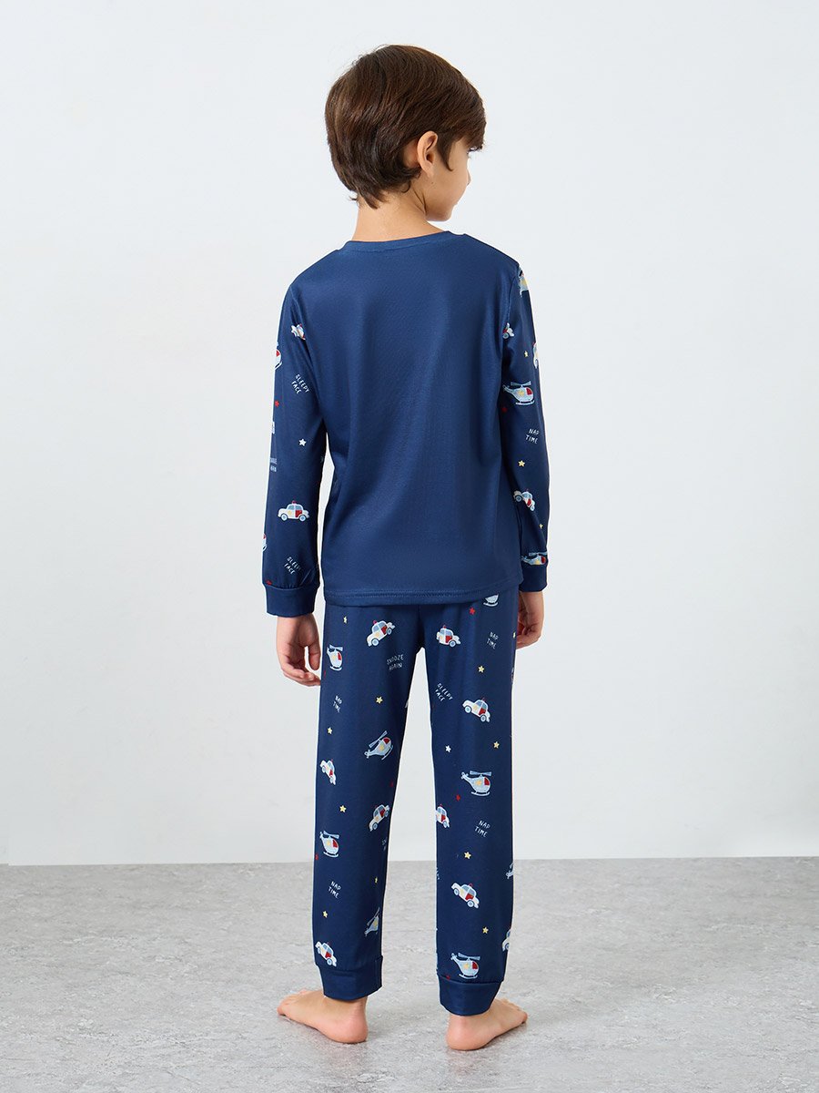 Navy Blue Printed Long Sleeve T-Shirt and Pyjama Set