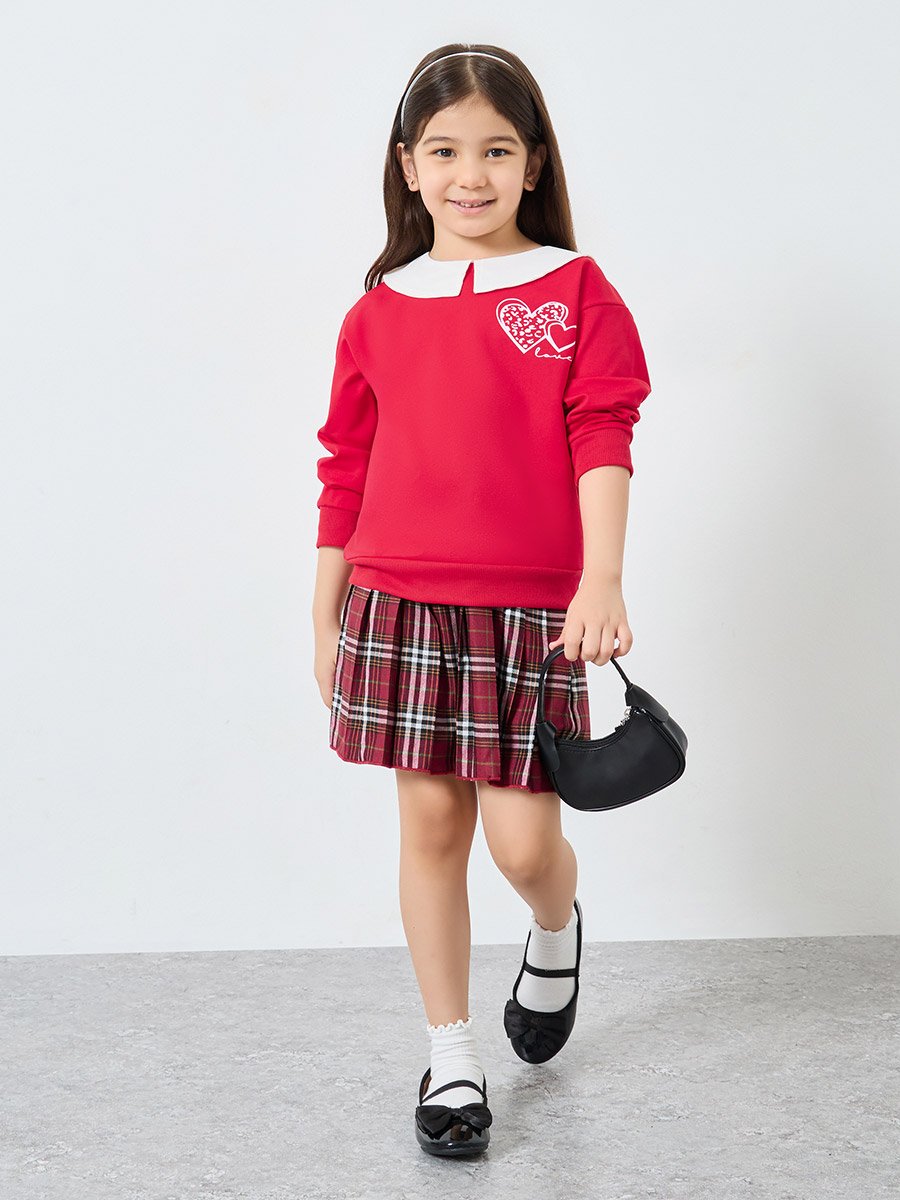 Girls Red Long Sleeve Top and Checked Skirt Set