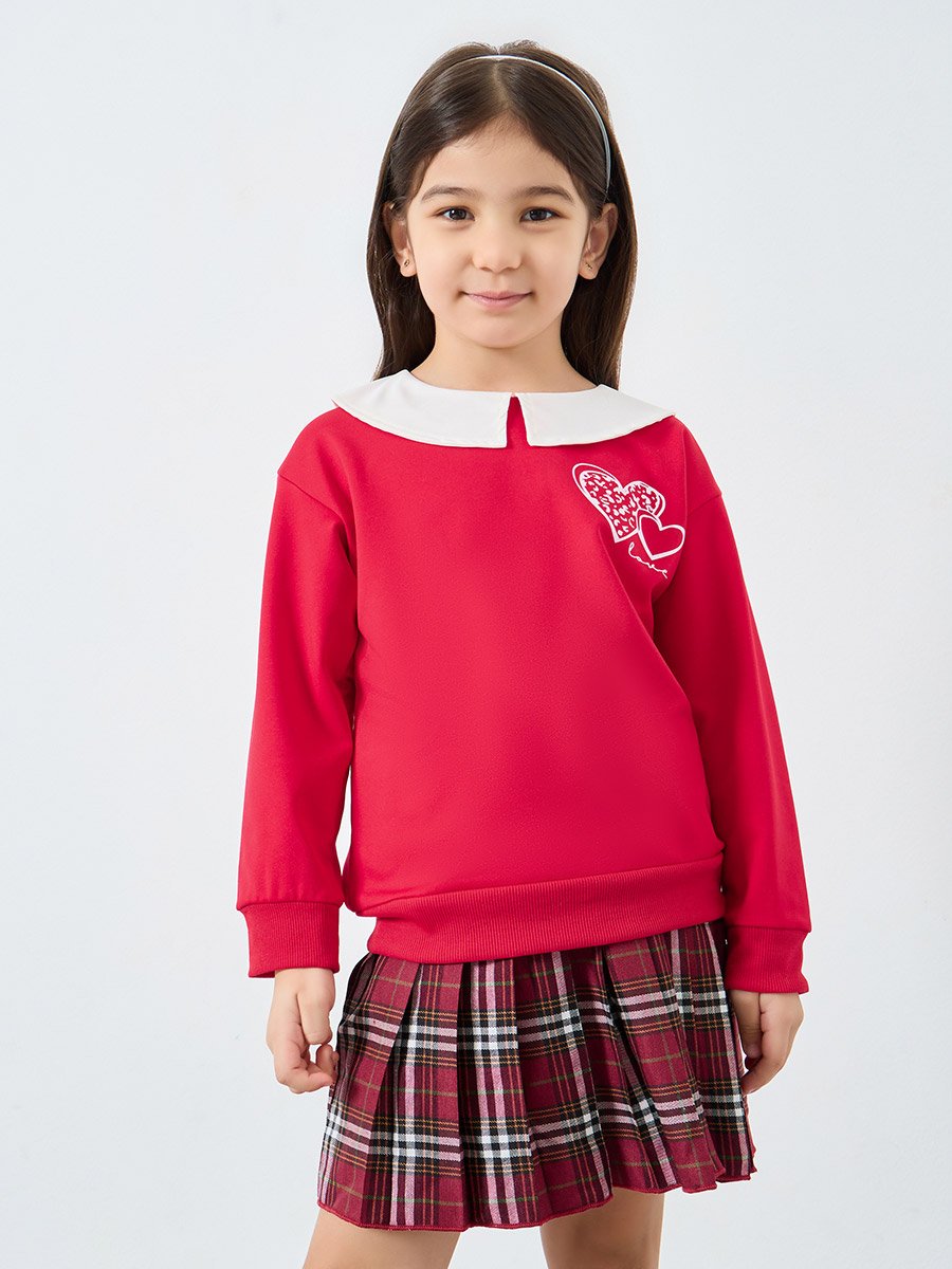 Girls Red Long Sleeve Top and Checked Skirt Set