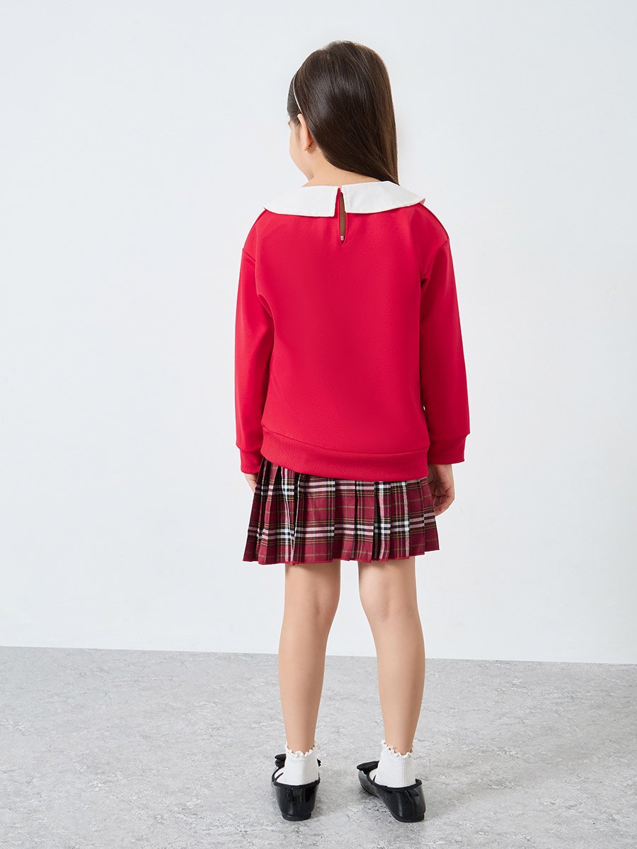 Girls Red Long Sleeve Top and Checked Skirt Set