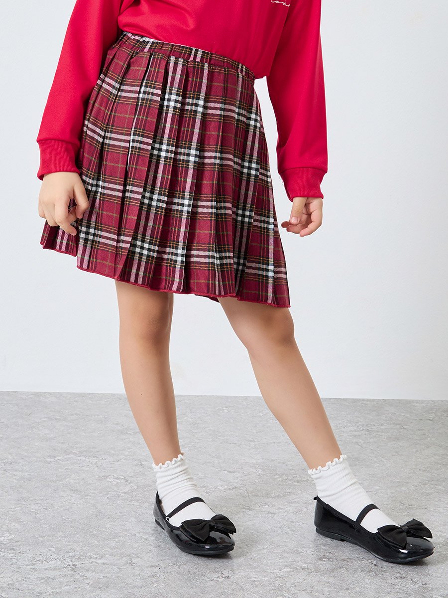 Girls Red Long Sleeve Top and Checked Skirt Set