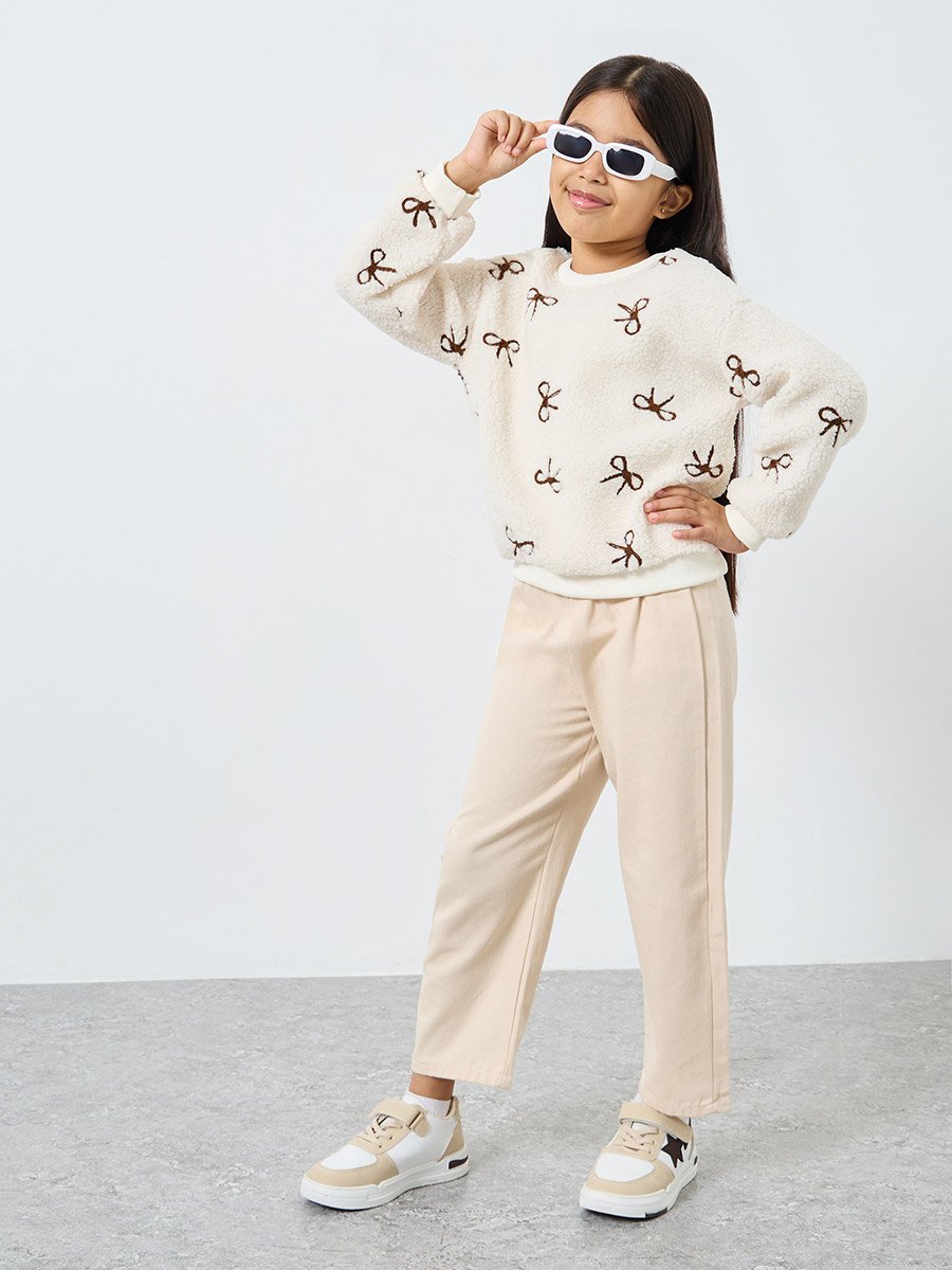 Bow Embroidered Faux Fur Sweatshirt