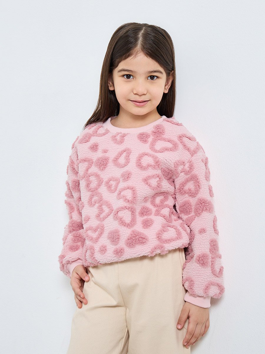 Girls Pink Heart Pattern Fleece Sweatshirt
