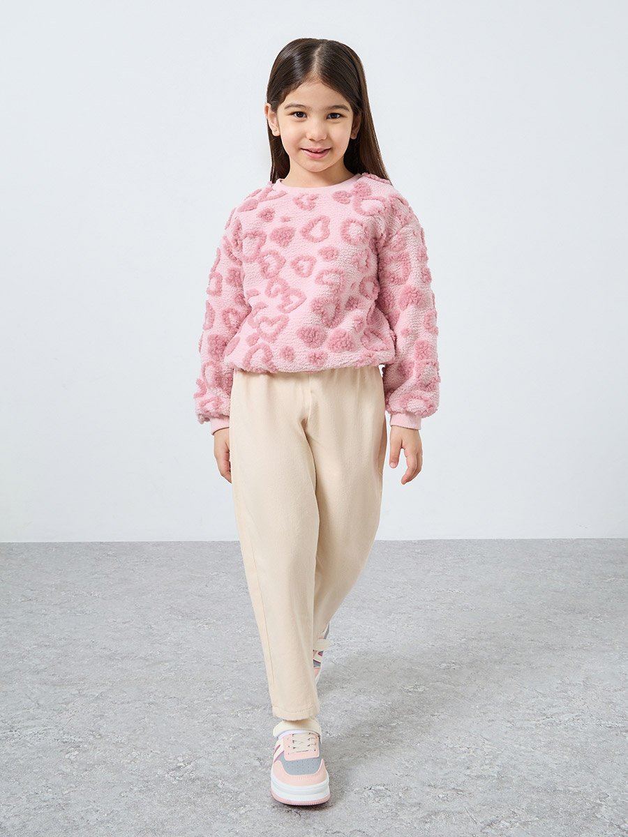 Girls Pink Heart Pattern Fleece Sweatshirt
