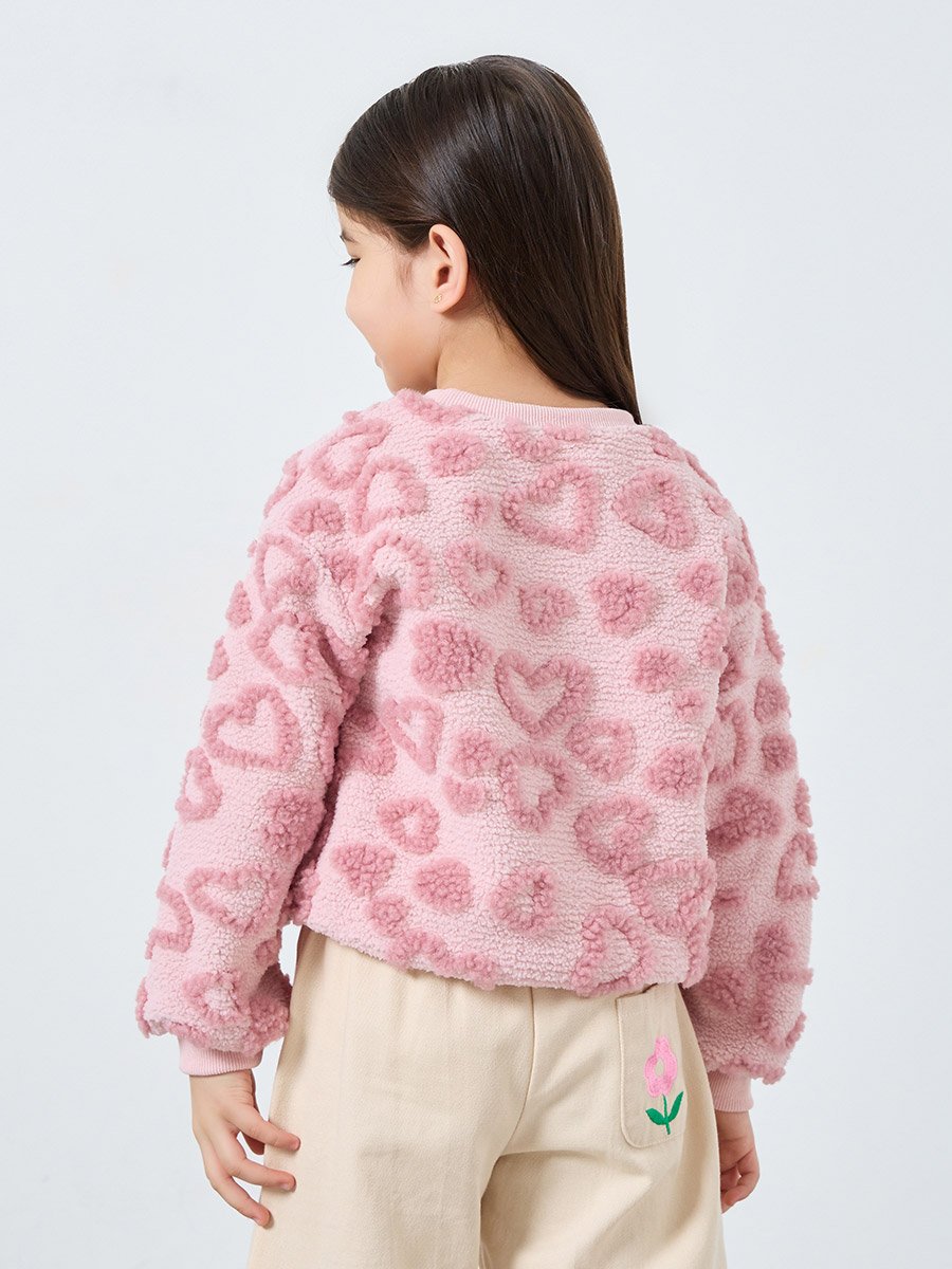 Girls Pink Heart Pattern Fleece Sweatshirt