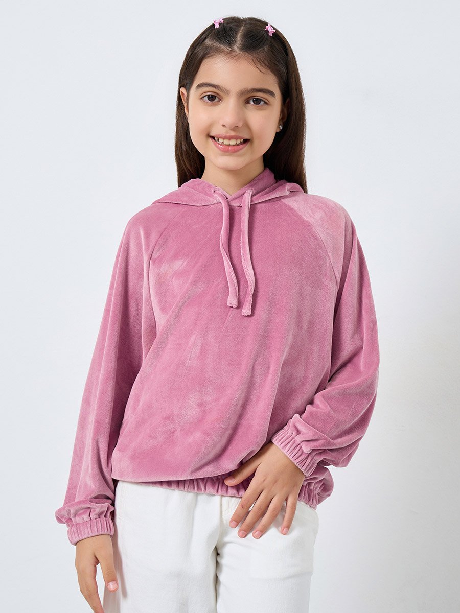 Teens Dark Pink Solid Velvet Look Hoodie