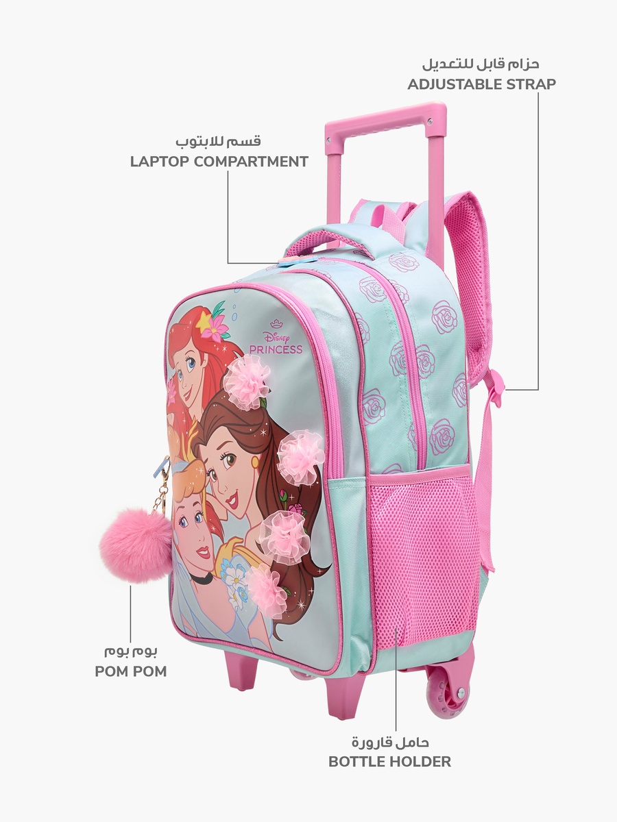 Princess Print Trolley Backpack with Retractable Handle and Zip Closure - 16 inches