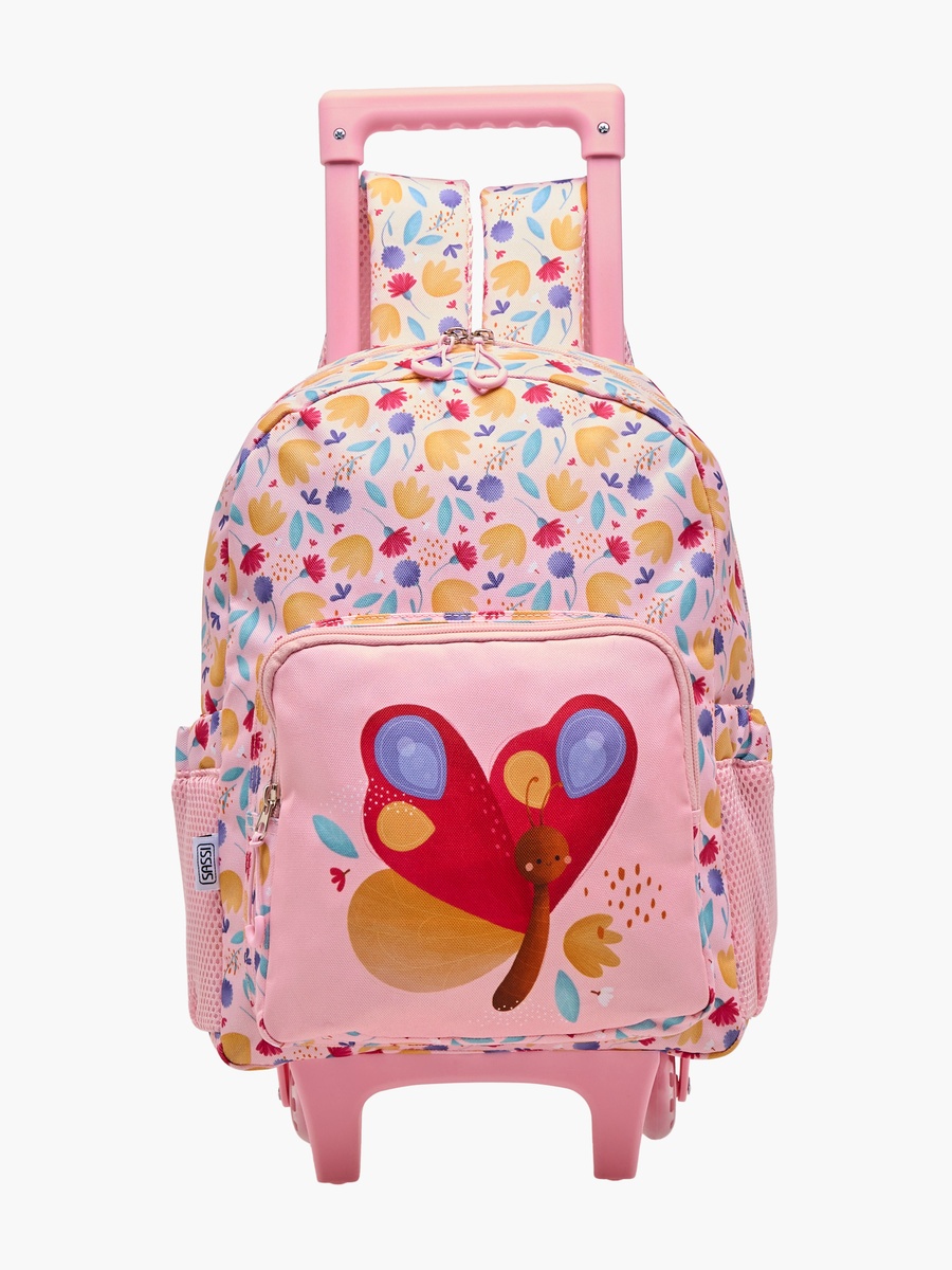Butterfly Print Trolley Backpack with Retractable Handle and Zip Closure