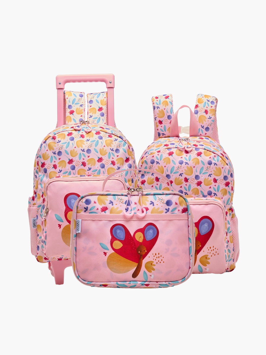 Butterfly Print Trolley Backpack with Retractable Handle and Zip Closure