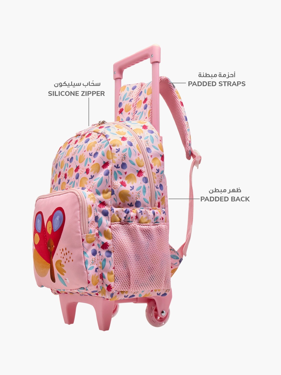 Butterfly Print Trolley Backpack with Retractable Handle and Zip Closure