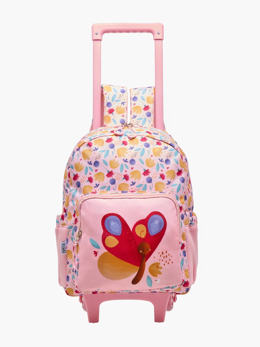 Butterfly Print Trolley Backpack with Retractable Handle and Zip Closure