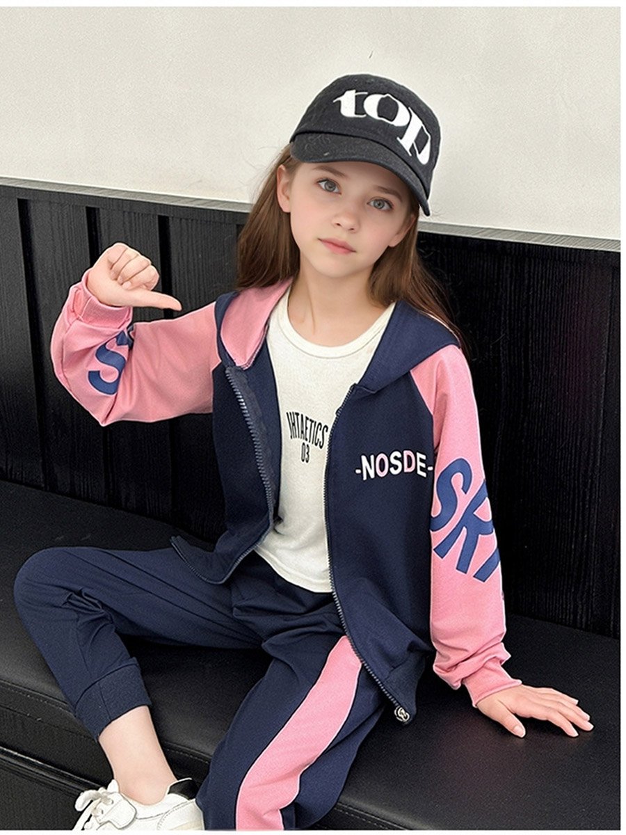 Girls Navy Color Block Hooded Jacket and Joggers Set