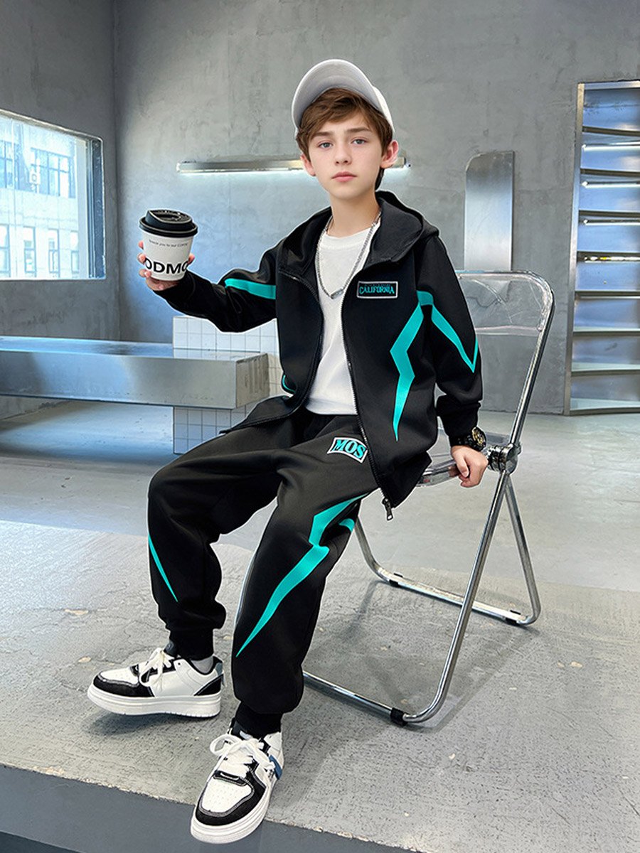 Teens Black Printed Panel Jacket and Joggers Set