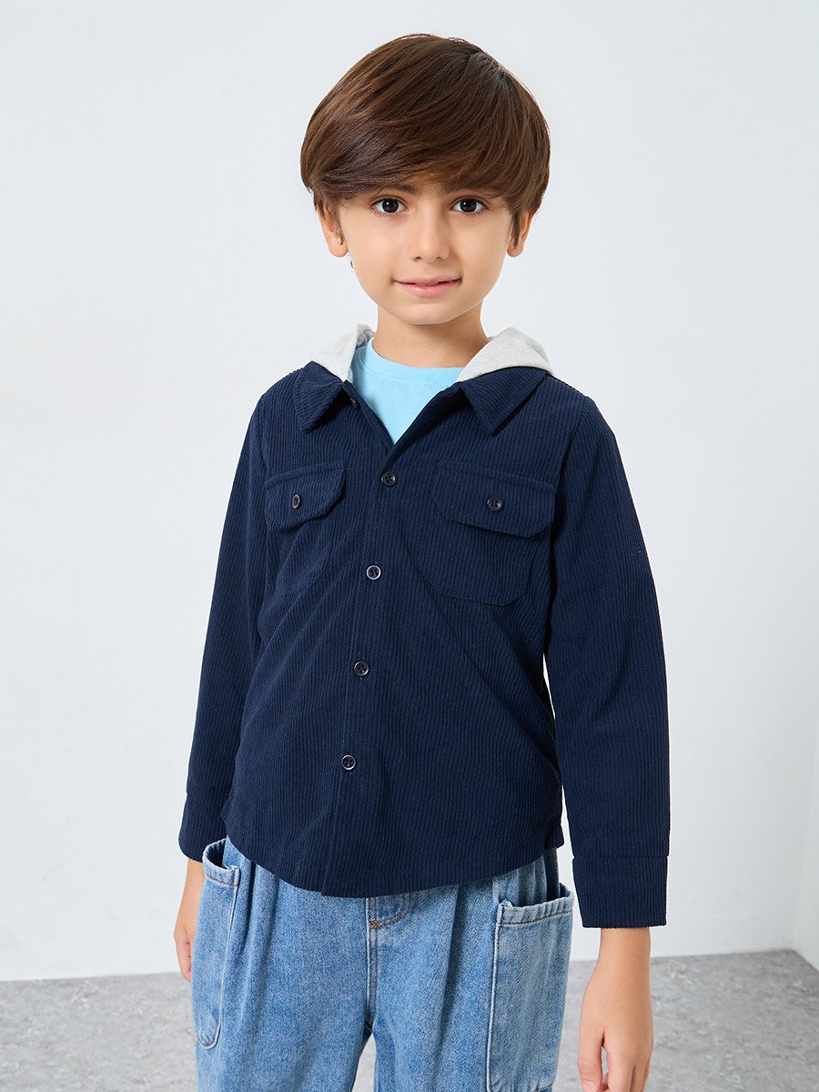 Boys Navy Blue Corduroy Hooded Shacket