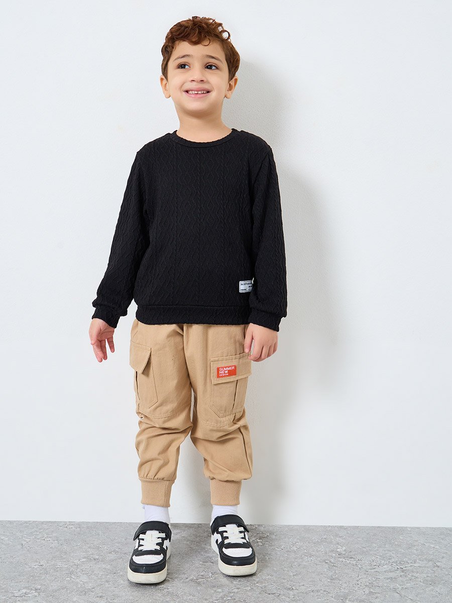 Boys Black Textured Knit Sweatshirt