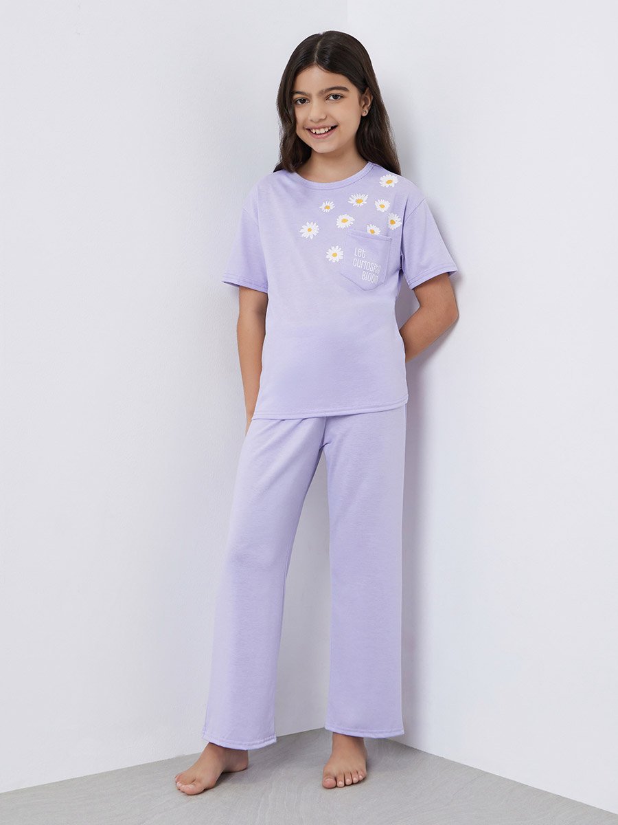 Teens Lilac Floral Print T-Shirt and Pyjama Set