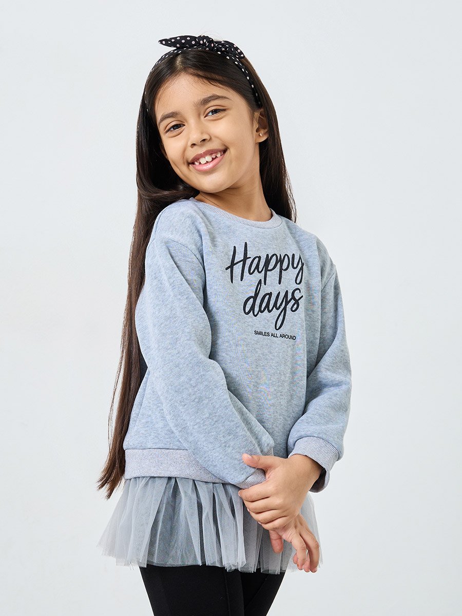 Girls Grey Slogan Print Sweatshirt with Mesh Insert