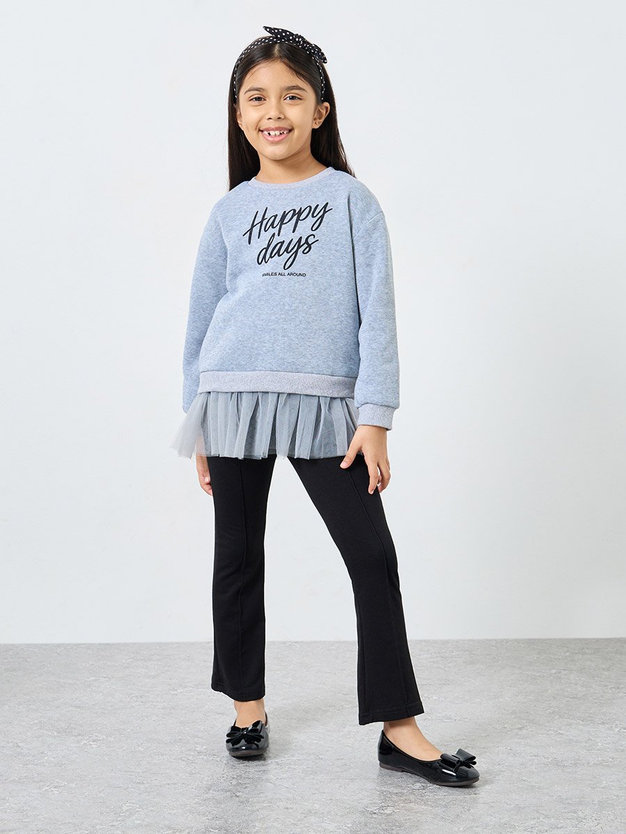Girls Grey Slogan Print Sweatshirt with Mesh Insert