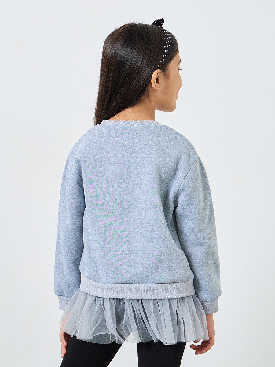 Girls Grey Slogan Print Sweatshirt with Mesh Insert