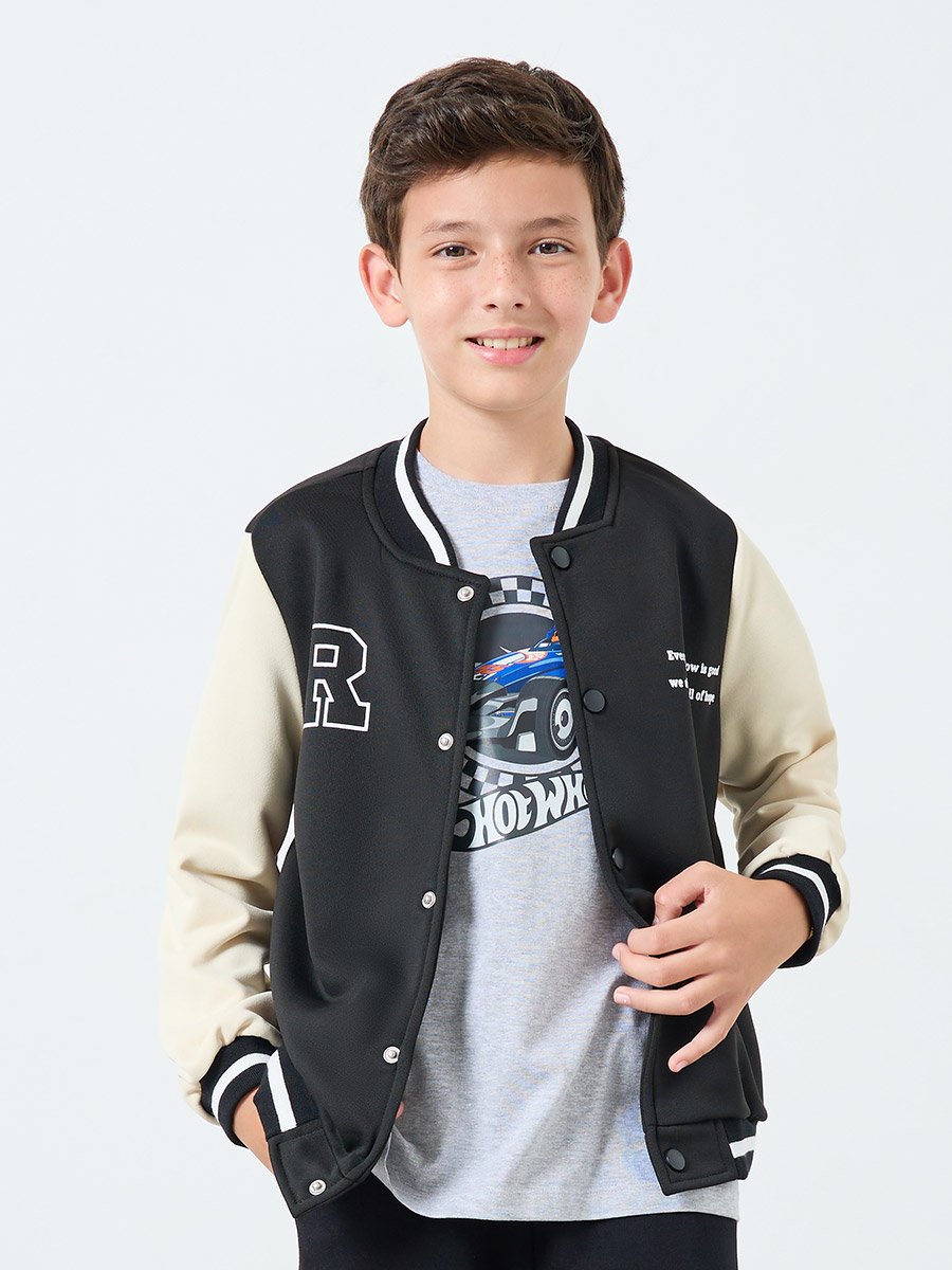 Teens Black Color Block Bomber Jacket