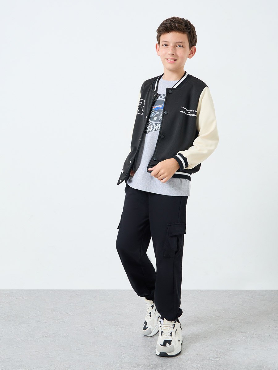 Teens Black Color Block Bomber Jacket
