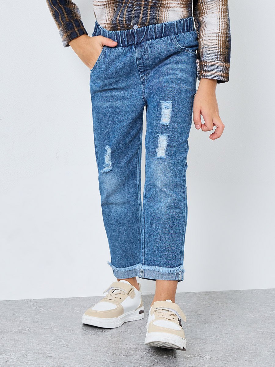 Blue Distressed Straight Fit Jeans with Elasticated Wasitband