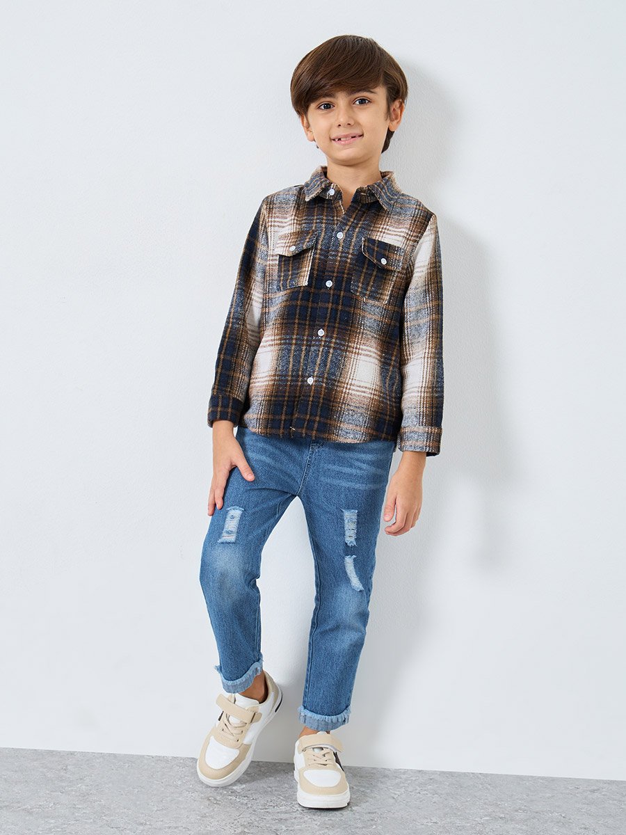 Blue Distressed Straight Fit Jeans with Elasticated Wasitband