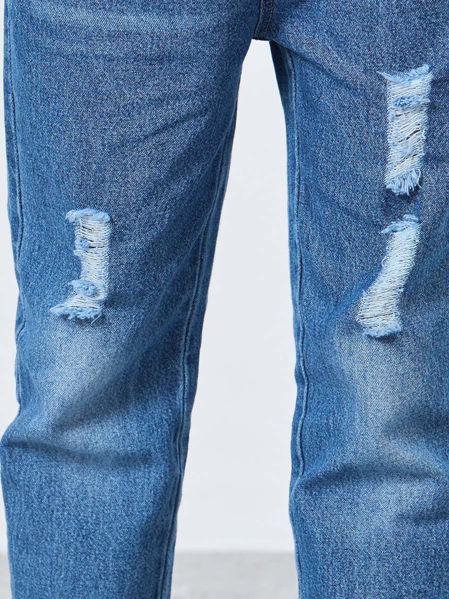 Blue Distressed Straight Fit Jeans with Elasticated Wasitband