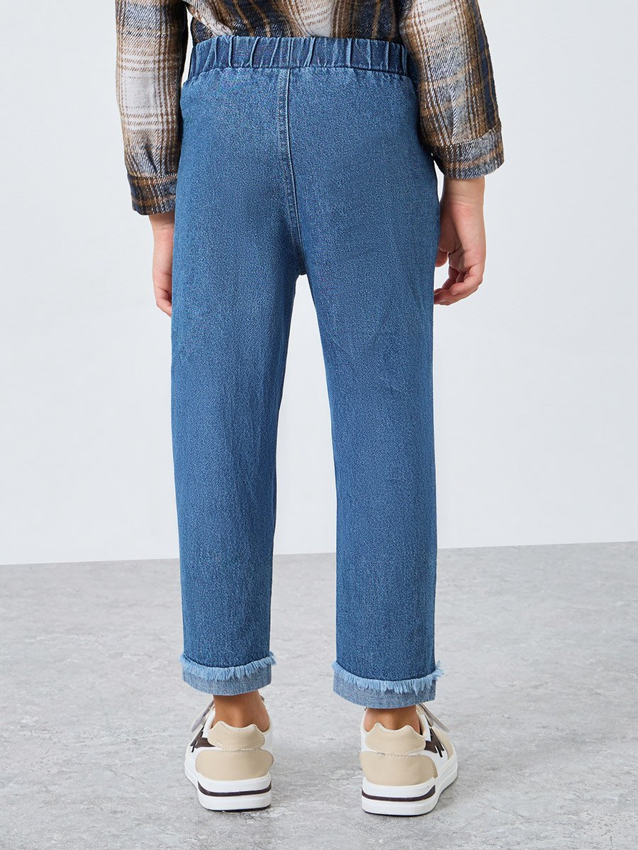 Blue Distressed Straight Fit Jeans with Elasticated Wasitband