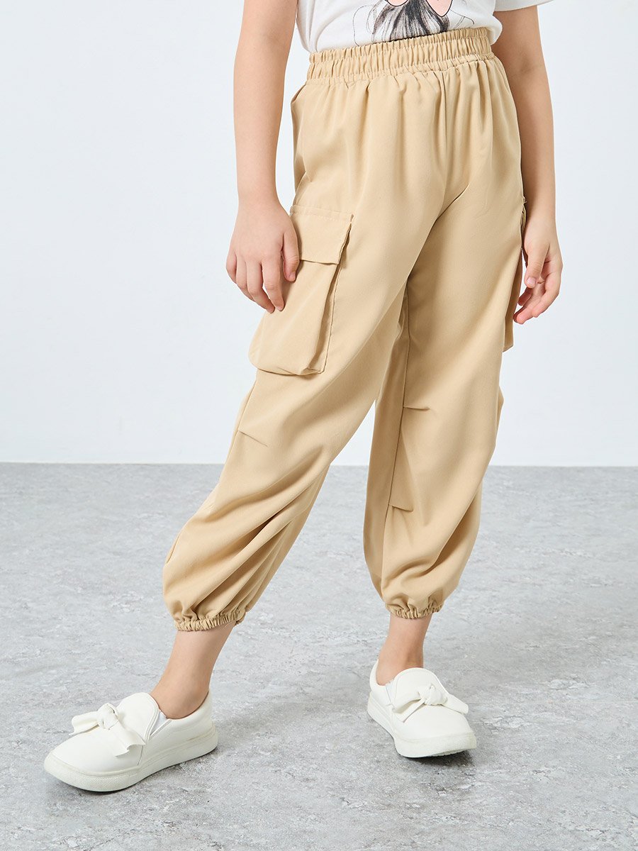 Beige Solid Cargo Pocket Joggers with Elasticated Waistband