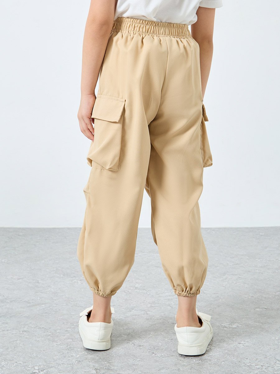 Beige Solid Cargo Pocket Joggers with Elasticated Waistband