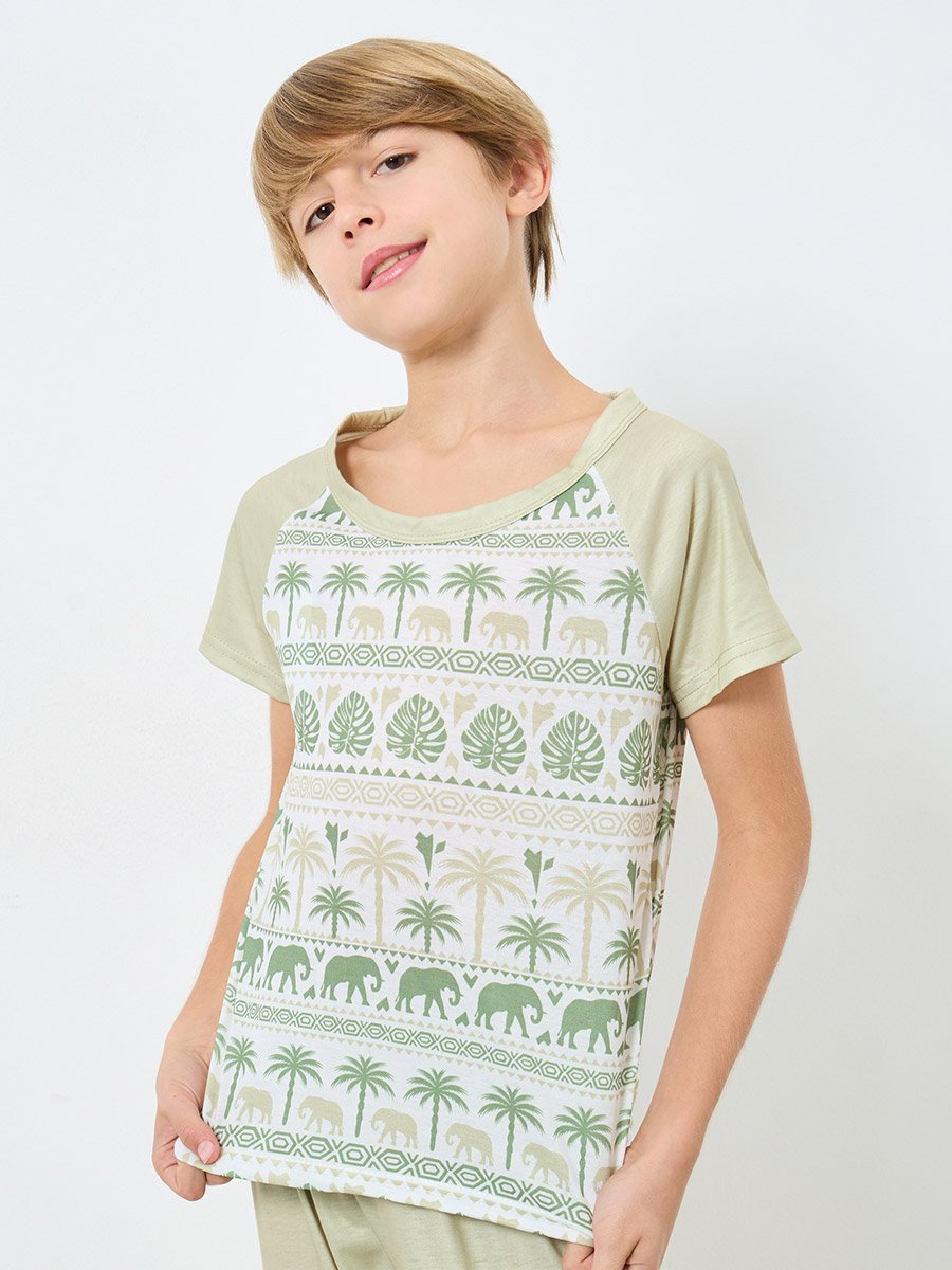 Boys Green Elephant Print T-Shirt and Pyjama Set