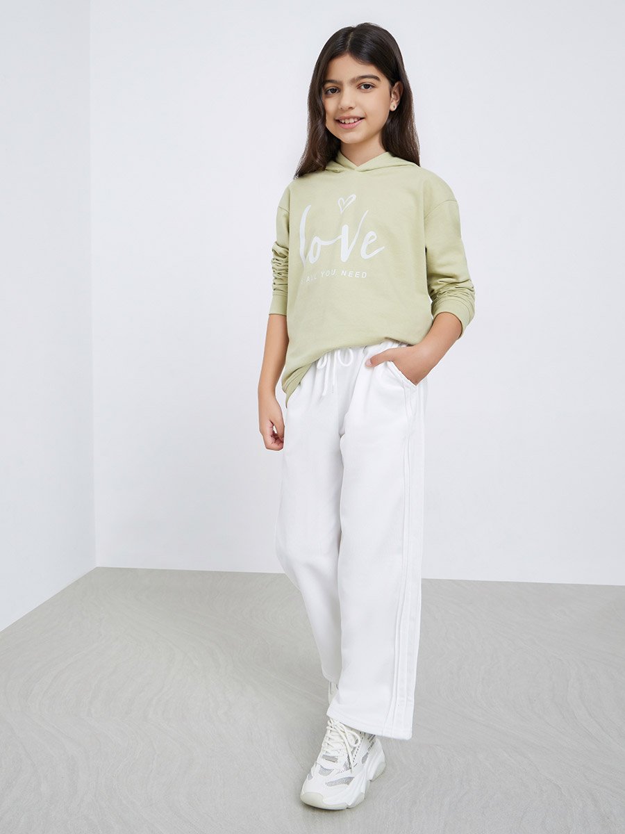 Teens Off White Solid Wide Leg Joggers with Side Pintucks