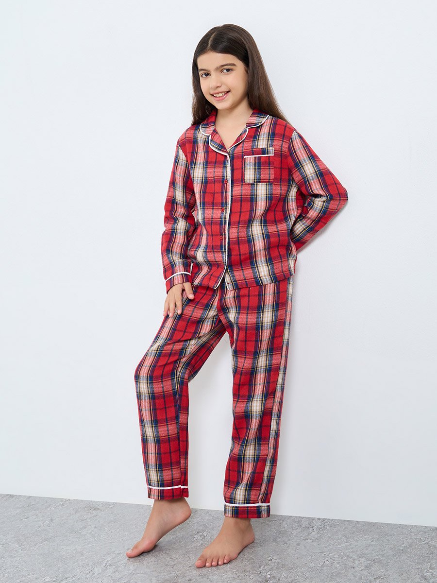 Family Pyjamas - Kids Check Pocket Piped Shirt and Pyjama Set