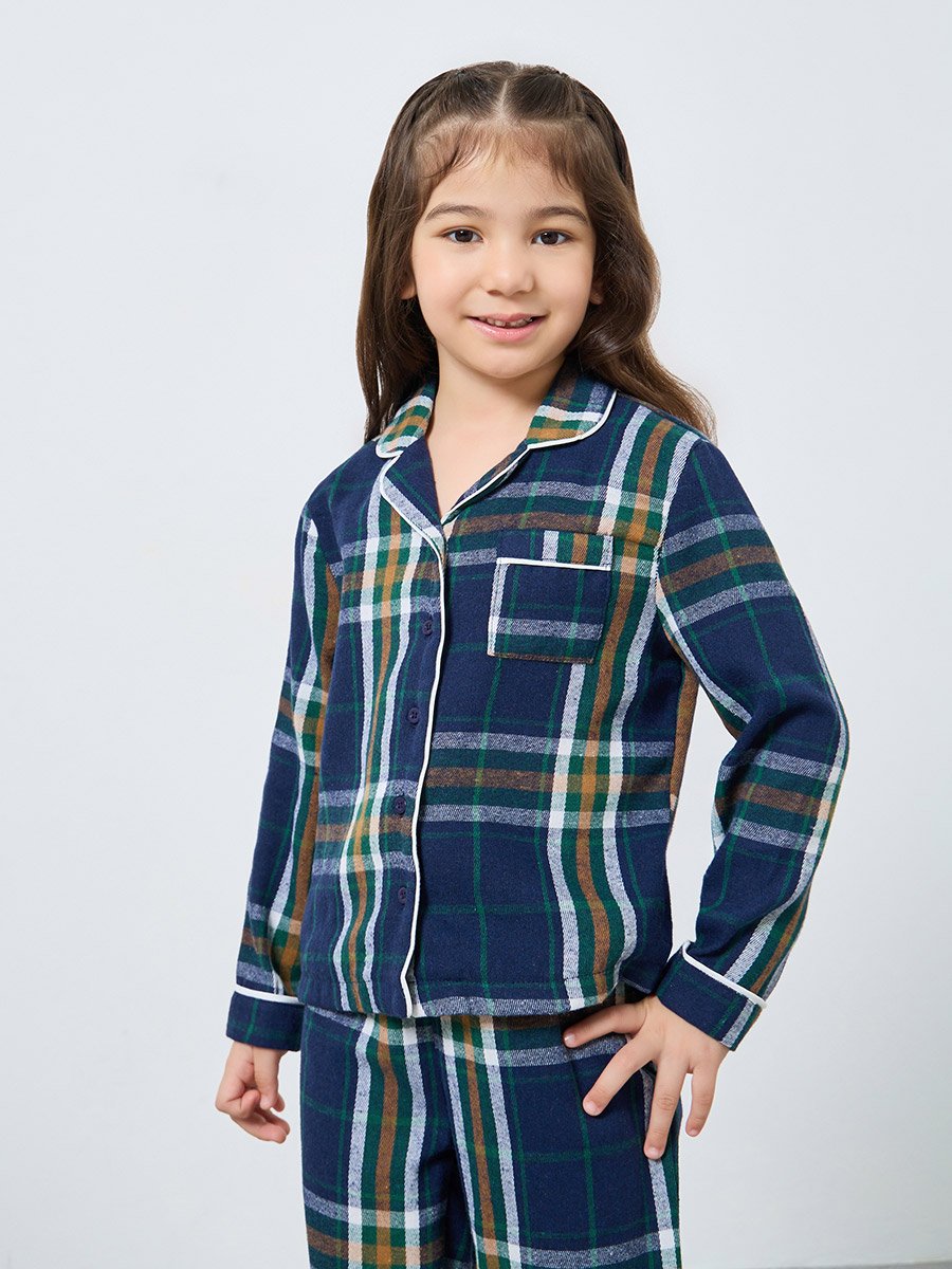 Family Pyjamas - Kids Checked Piped Buttoned Shirt and Pyjama Set