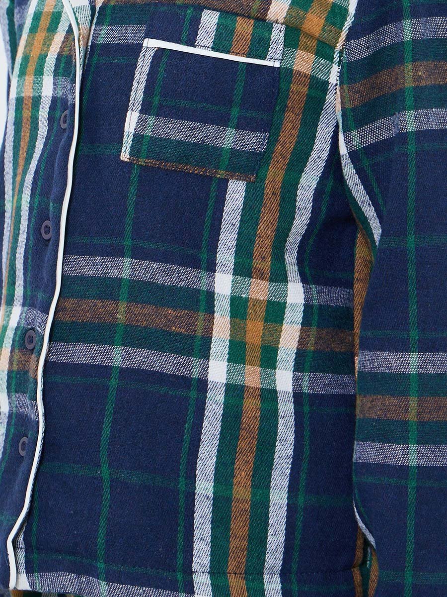 Family Pyjamas - Kids Checked Piped Buttoned Shirt and Pyjama Set