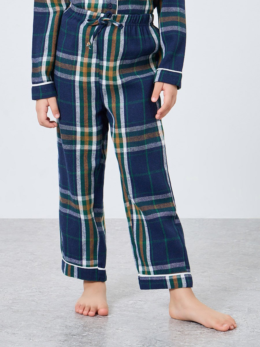 Family Pyjamas - Kids Checked Piped Buttoned Shirt and Pyjama Set