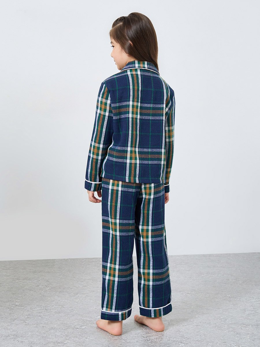 Family Pyjamas - Kids Checked Piped Buttoned Shirt and Pyjama Set