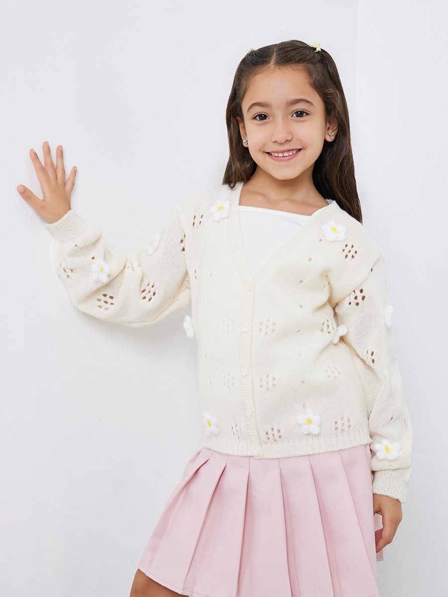 Girls Off White Flower Knit Cardigan