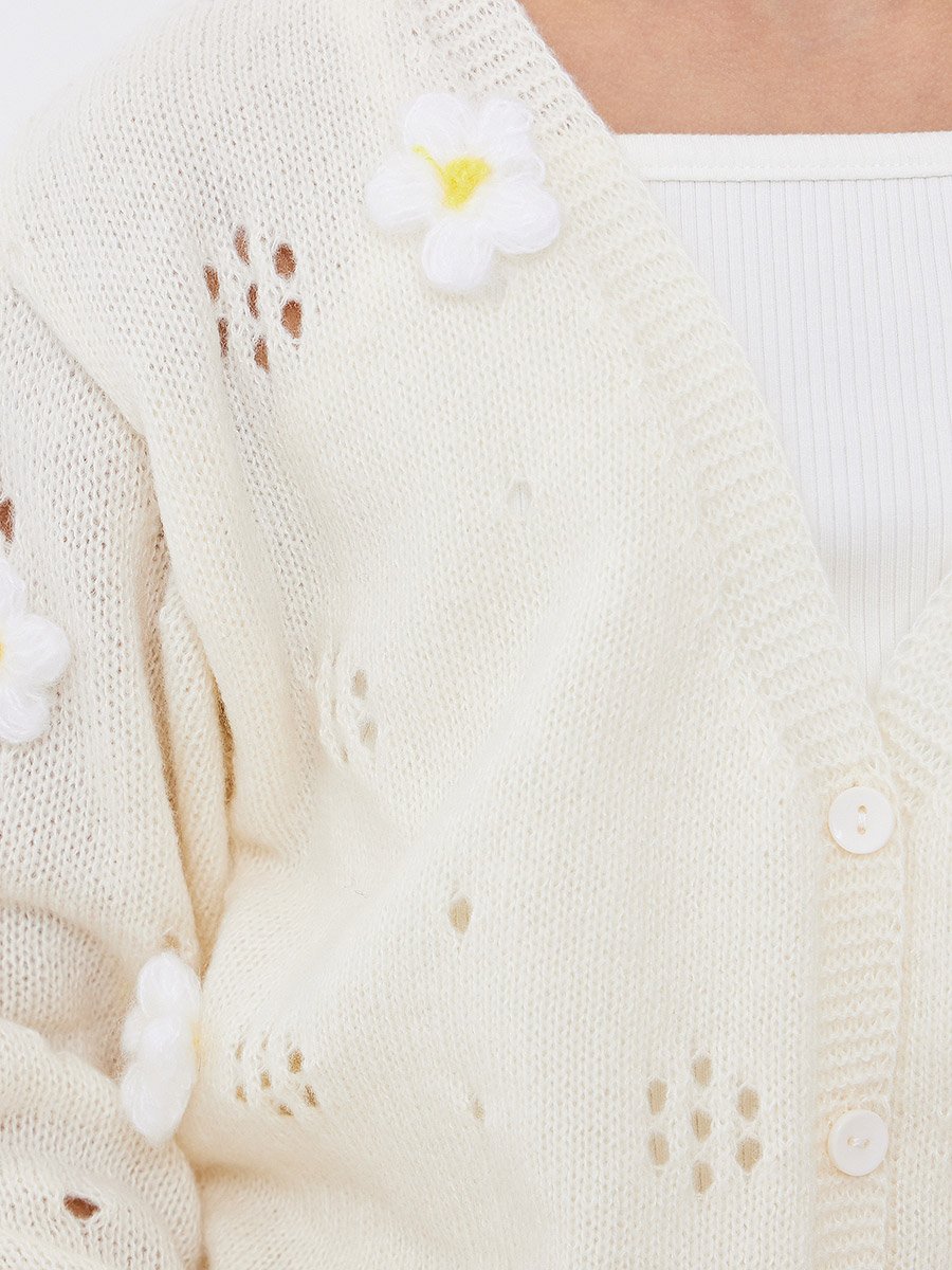Girls Off White Flower Knit Cardigan