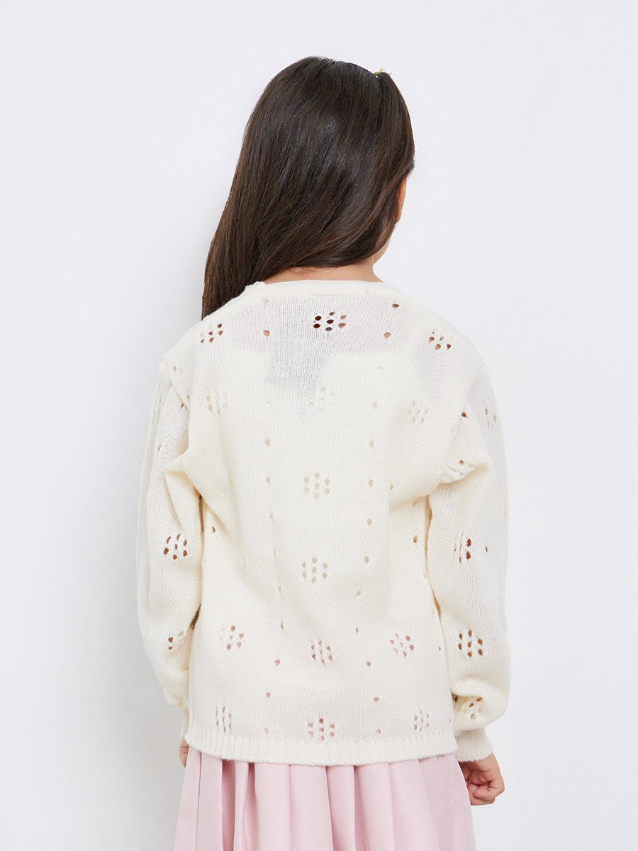 Girls Off White Flower Knit Cardigan