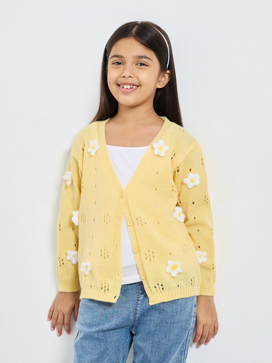 Girls Yellow Flower Knit Cardigan