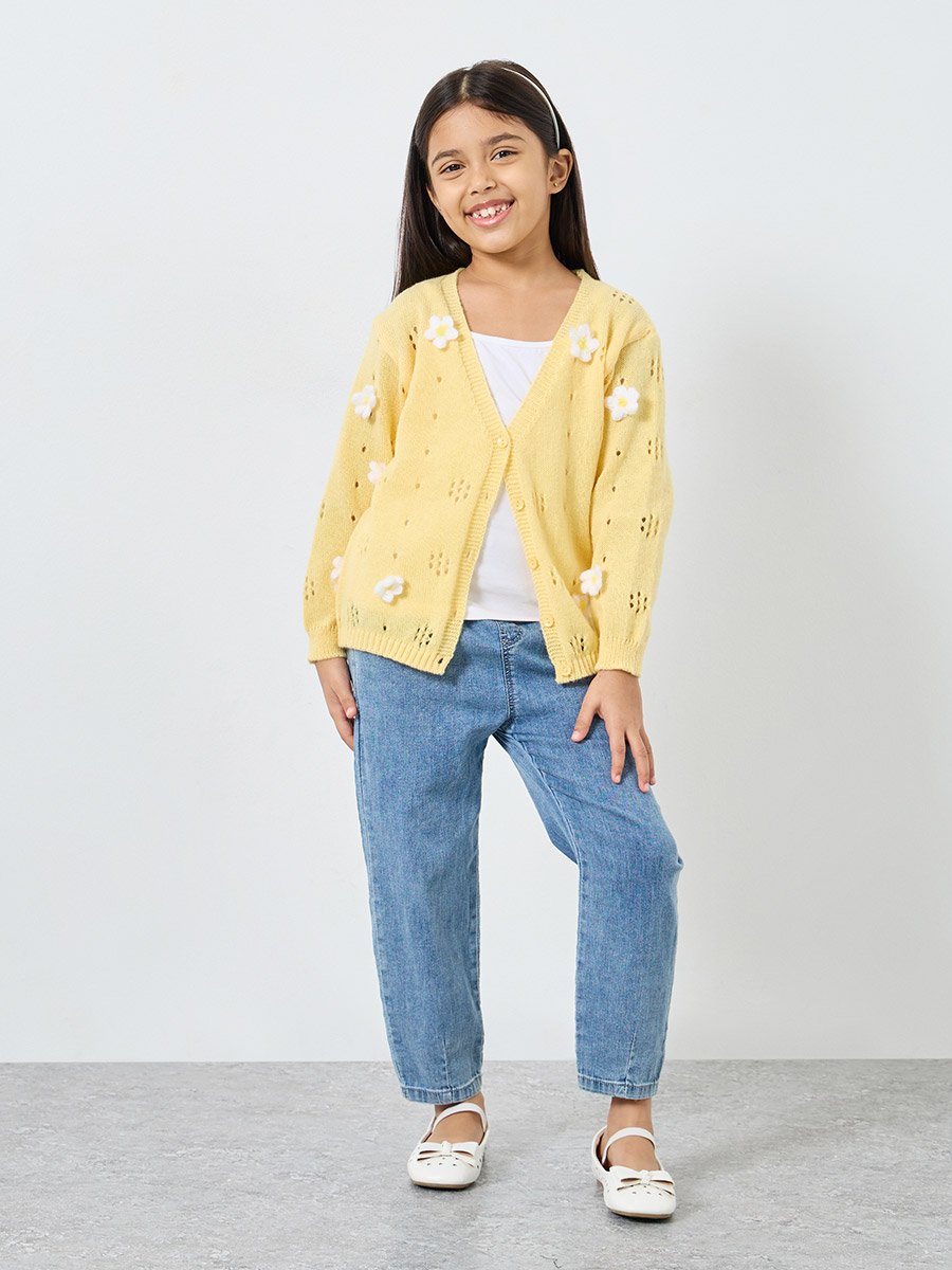 Girls Yellow Flower Knit Cardigan