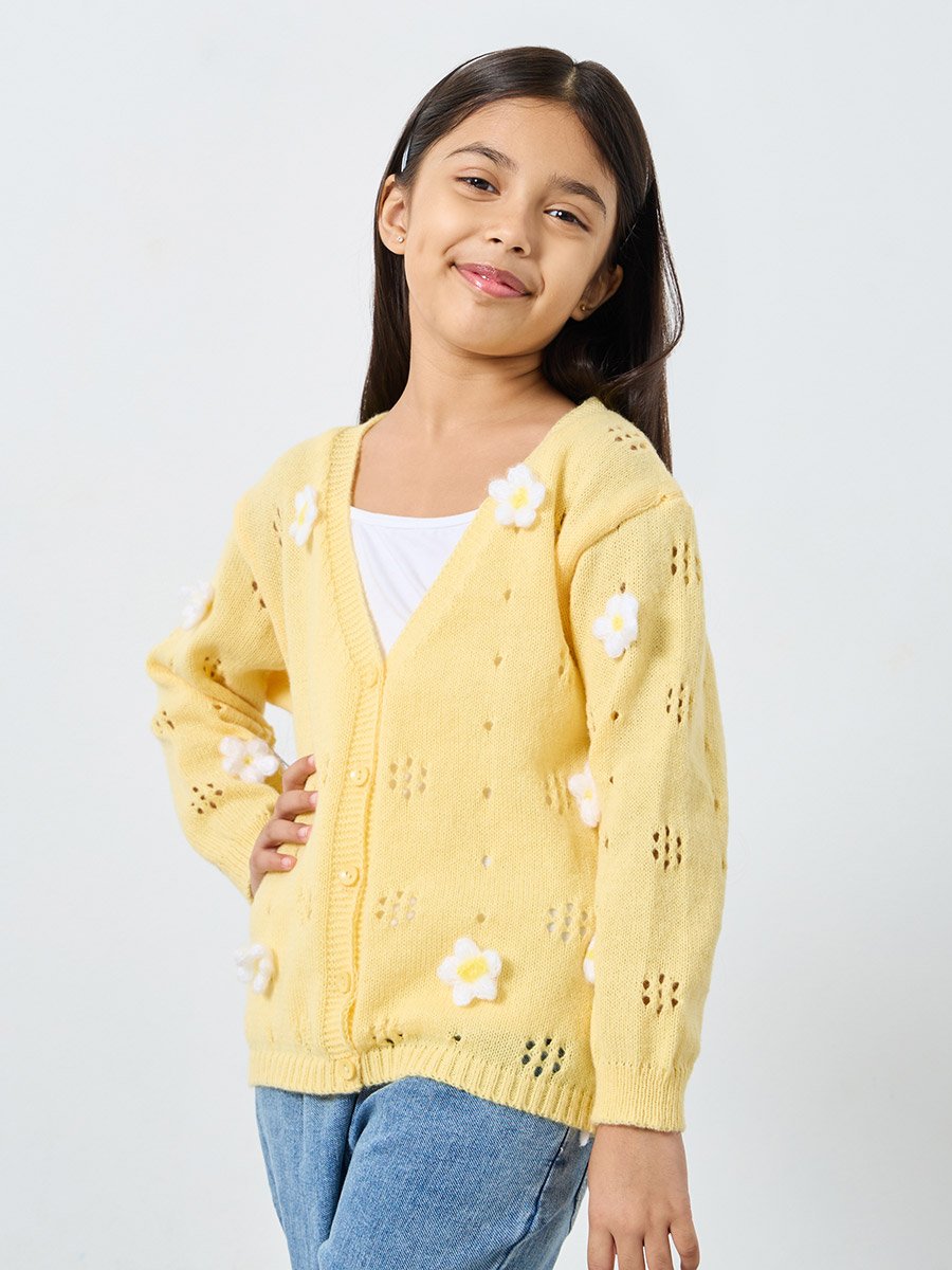 Girls Yellow Flower Knit Cardigan